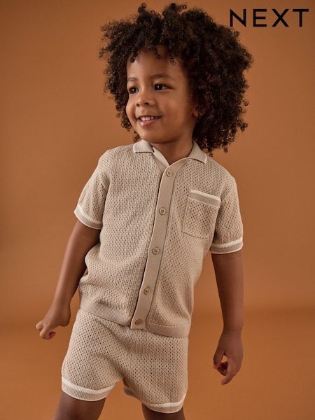 Taupe Textured Revere Collar Knitted Polo Shirt and Shorts Set (3mths-10yrs) (AA9502) | £18 - £22
