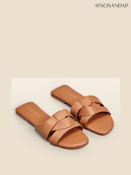 Sosandar Brown Cross Strap Flat Leather Mule Sandals (N56759) | £39