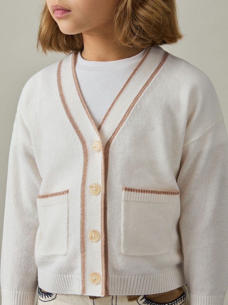 Reiss Cream Juni Wool-Blend Stripe-Detail Cardigan With Cashmere - Image 1 of 4